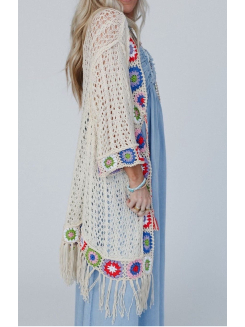 POL Crochet Knit Boho Cardigan Large Cream Granny Square Fringe Duster Sweater - Picture 3 of 10